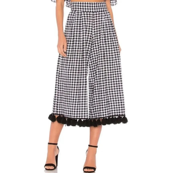 Misa Los Angeles Pants - MISA Los Angeles Klavy Wide-Leg Tassel-Trim Gingham Cotton Pants